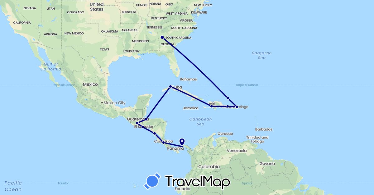 TravelMap itinerary: driving in Costa Rica, Cuba, Dominican Republic, Guatemala, Honduras, Haiti, Nicaragua, Panama, El Salvador, United States, British Virgin Islands (North America)